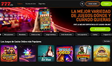 Página de inicio de las tragaperras que ofrece el Casino777 mostrando diversas slots populares y exclusivas. Debajo del logo del casino, que aparece en el margen superior izquierdo, se muestra el banner web con los diferentes juegos que se ofertan.